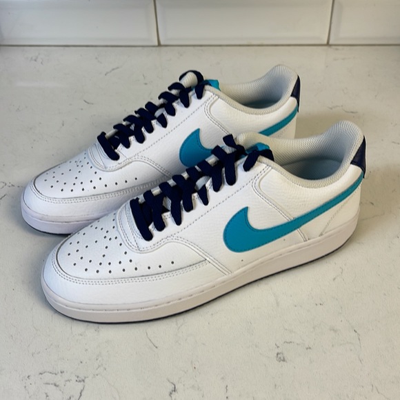 Men's Nike Court Vision Lo White/Turquoise Blue-Blue Void (DM1187 100) Sz 8.5